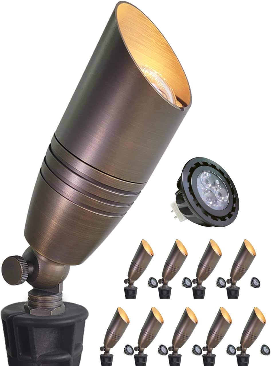 MALORY Brass Landscape Spotlights 10-Pack with Bulb Kit(S02), Low Voltage 12V AC/DC LED Outdoor Spot Uplights for House and Tree,PVC Ground Stake and Wire Connector Included, 5W 2700K Warm White