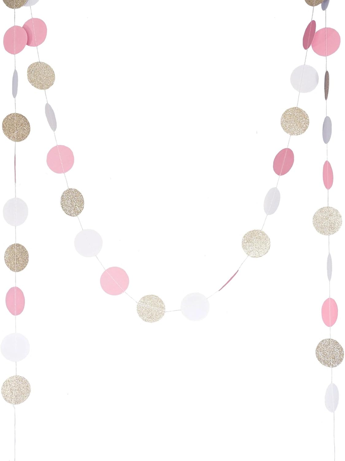 Chloe Elizabeth Circle Dots Paper Party Garland Streamer Backdrop (10 Feet Long) - Pink, White, Gold Glitter