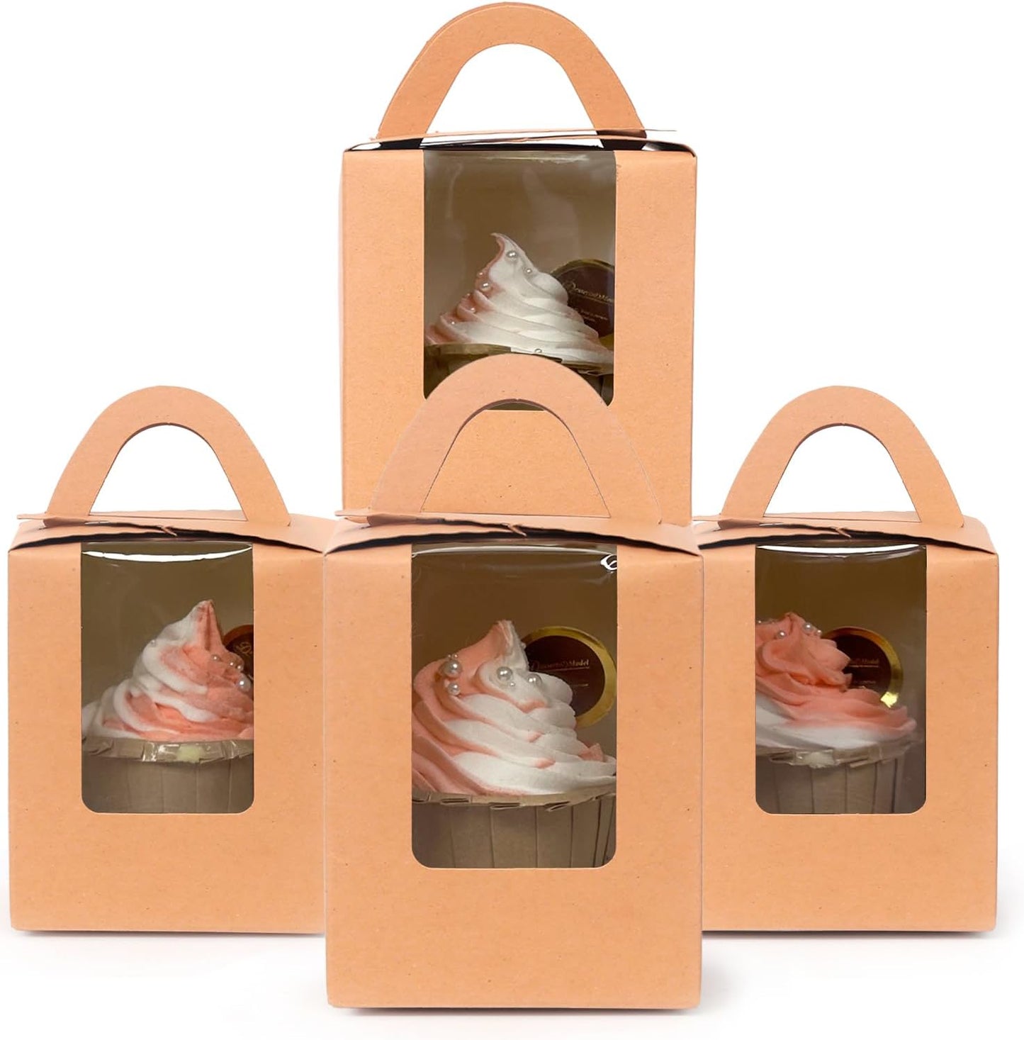 Bakepacker Auto-pop up Individual Cupcake Boxes with Window 60 Count Brown Single Cupcakes Box 3.6 x 3.6 x 4.3inch Cupcake Carrier
