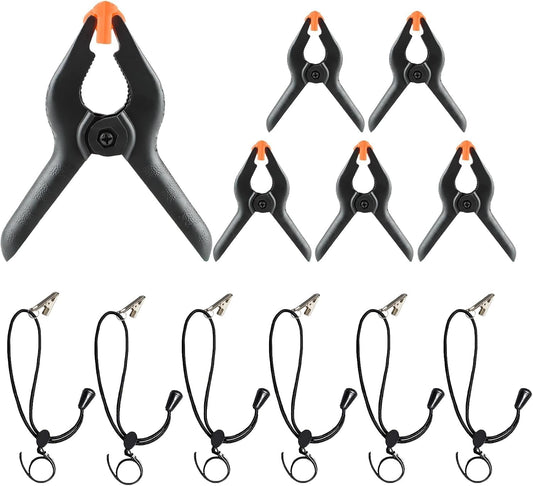 6 Pack 4.5 Inch Heavy Duty Spring Clamps + 6 Pack Backdrop Clips, Elastic Nylon Backdrop Clamps Holder Background Clips for Video Photography Background Support, Canvas, Creation and Home Use