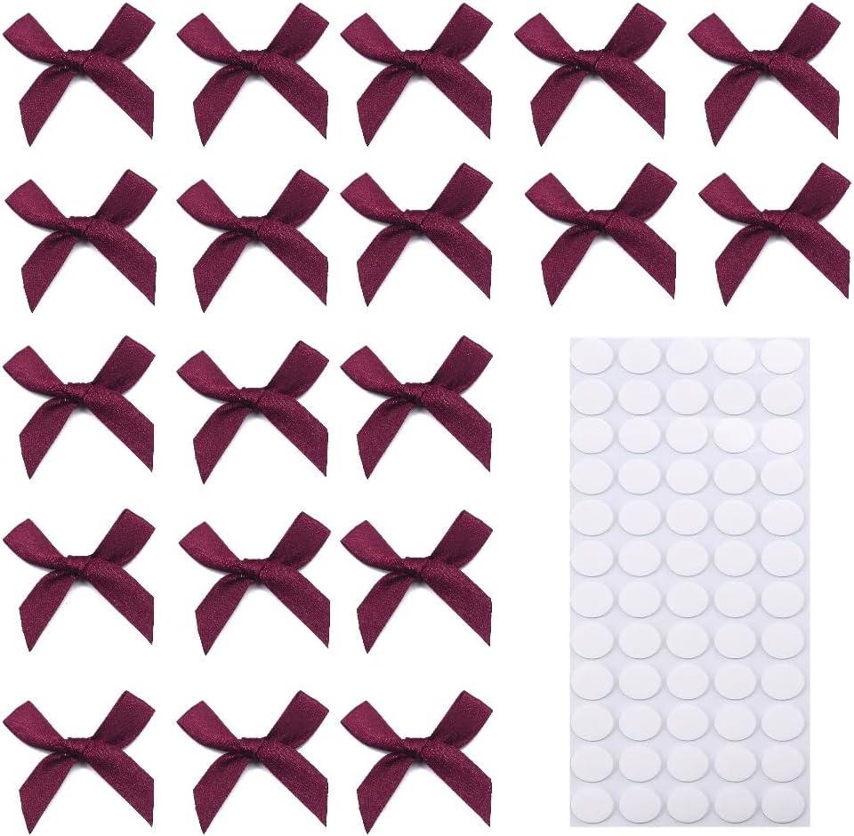 60pcs 1.7" Mini Burgundy Ribbon Bows Decor – Small DIY Satin Bows for Crafts, Little Bows for Gift Wrapping, Tiny Bow Stickers for Note Card Bow Baby Shower Cake and Candle Decorations