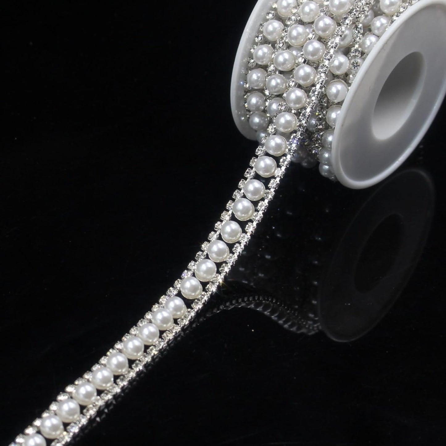 PEARLY JUN 1 Yard Pearl Rhinestone Trim Chain Silver Crystal Fringe Diamond Applique Ribbon String Tassel Strip (Silver-150, 1 Yard)