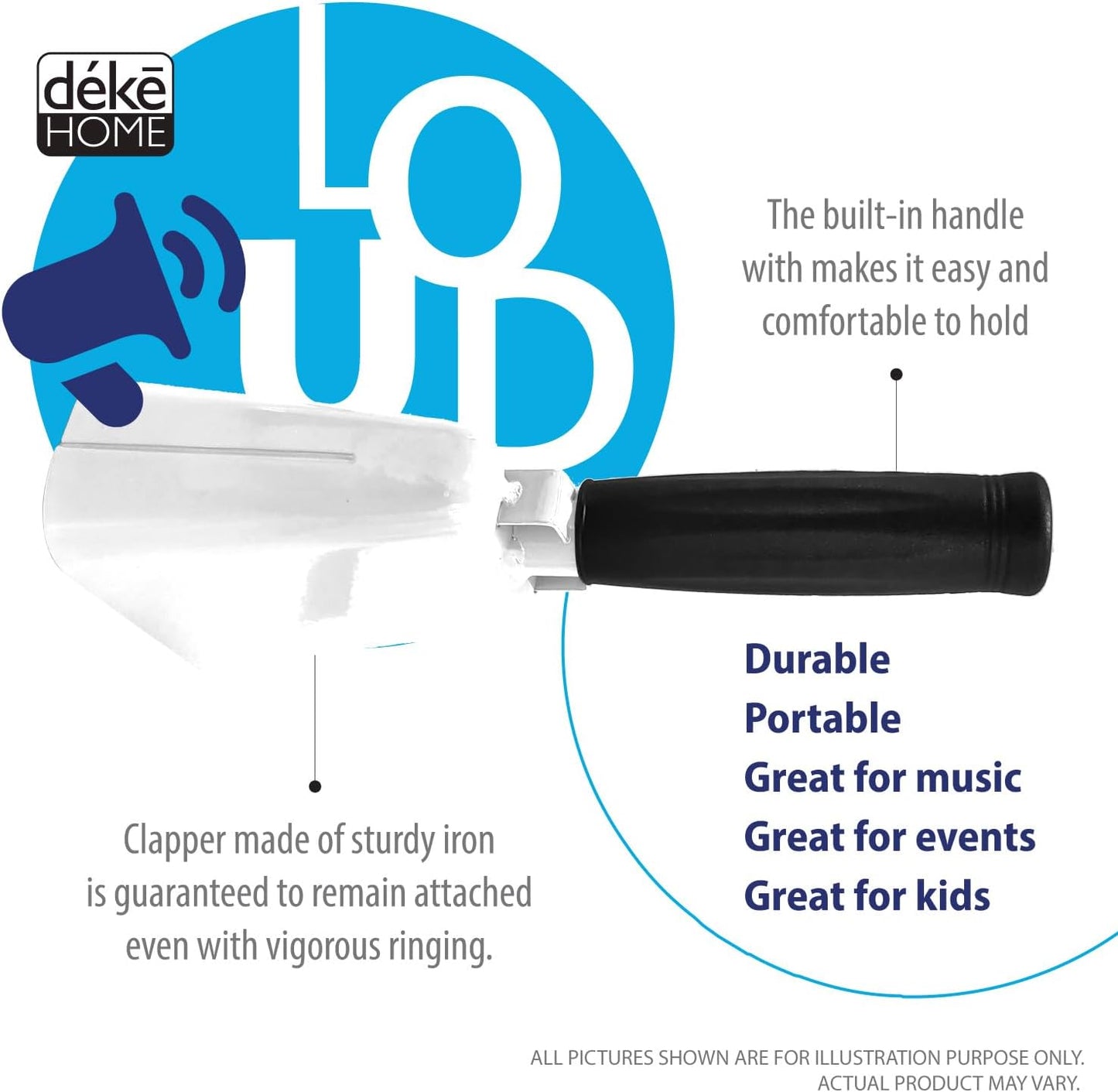 Deke Home - 2 Pack 7 Inch Steel Cowbells with Handle, Loud Noise Makers for Football, Sports, Parties, Competitions, School Spirit & Safety, Large Hand Bell for Cheering & Percussion Instrument