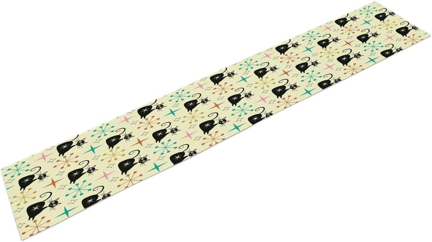 Mid Cat Table Runner, Vintage Black Cat and Atomic Stars 1950s 1960s Abstract Geometric Space Pattern Table Decoration for Home Kitchen Restaurant 13x70 Inches