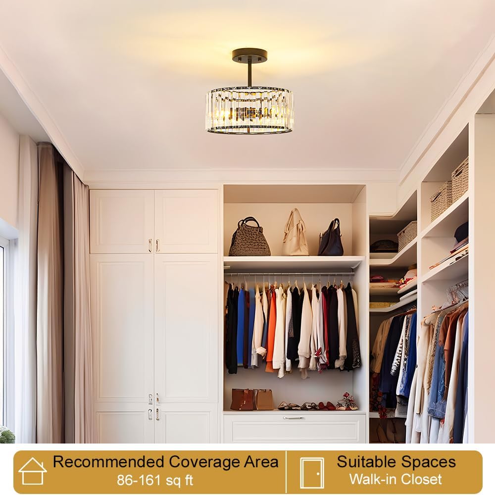 Modern Crystal Ceiling Light, Matte Black Semi Flush Mount Ceiling Lighting Fixture, Hallway Light Fixtures Chandelier for Kitchen, Bedroom Dining Room Hallway Closet, 3-Light, 12 Inch