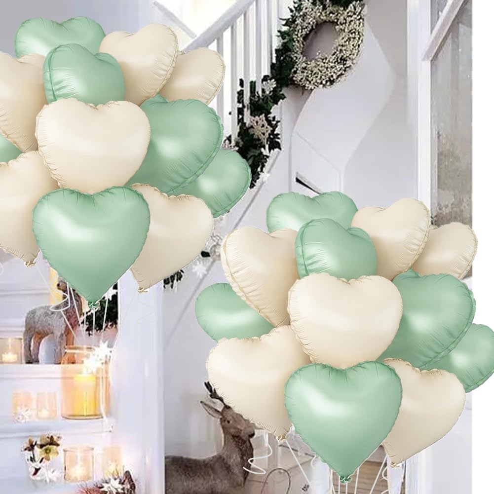 Baby White Heart Balloons，18 Inch Light Green Helium Foil Love Heart Shaped Balloons for Anniversary Wedding Engagement Birthday Party Baby Shower Valentines Decorations(12Pcs)
