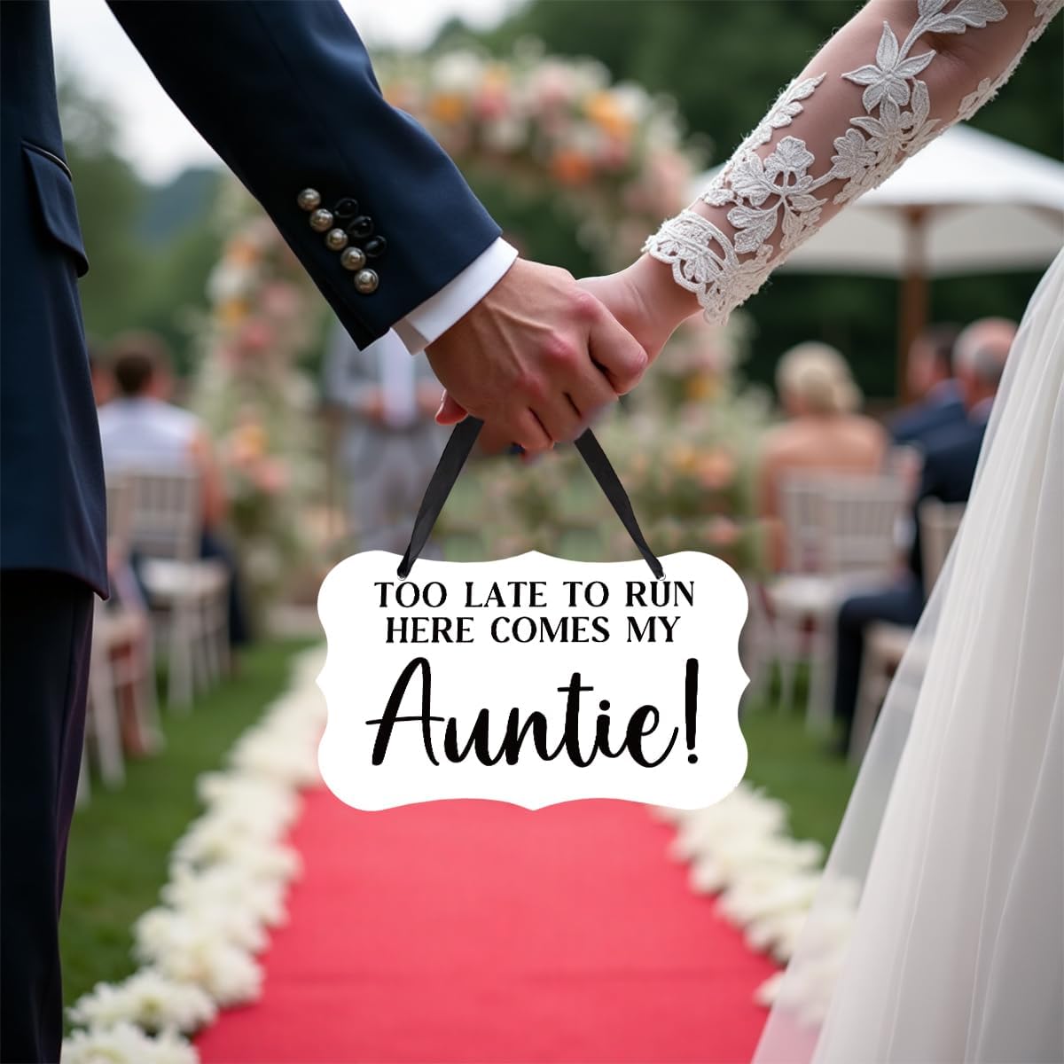 Acrylic Wedding Sign, Ring Bearer Sign, Rustic Wedding Decor Signs, Acrylic Wall Art With Ribbon for Chairs Weddings Decor and Event Party - Too Late to Run Here Comes My Auntie (White)