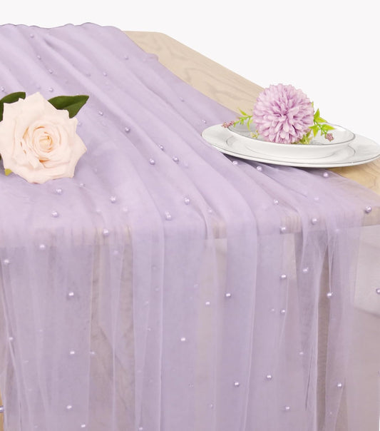 Pearl Table Runner 29 x 120 Inch Tulle Fabric Lace Table Runners Boho Rustic Tablecloth for Bridal Shower Birthday Party Wedding Arch Aisle Veil Dessert Table Decor(1 Pack, Light Purple)