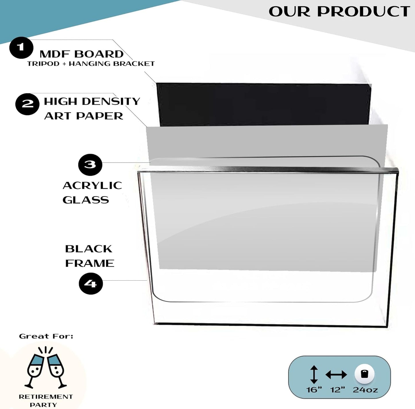 Framed Retirement Decorations Guest Book for Men 12"x16" Black Frame, Party Decor - including Gold Pen & Acrylic Glass - Happy Retirement Card Centerpieces, Retired Party Decor Gifts for Him