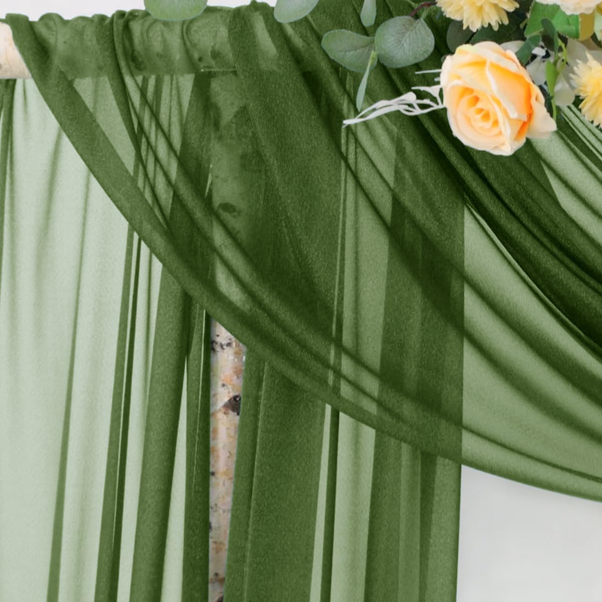 Socomi Olive GreenWedding Arch Draping Fabric 29" x 20Ft 4 Panels Sheer Outdoor Curtain Drapes Extra Long for Bridal Baby Shower Ceremony Birthday Party Decor