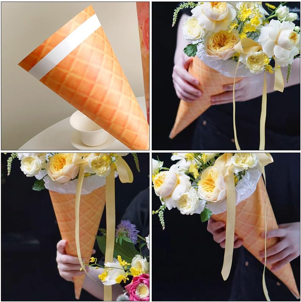 LUOZZY 10PCS Ice Cream Cone Flower Bouquet Wrapping Paper Petal Cones For Special Occasions 48x35cm Floral Arrangement Material For Pretty Bouquets