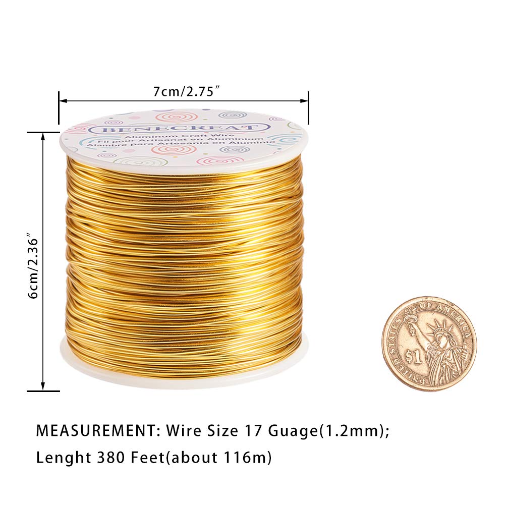 BENECREAT 12 17 18 Gauge Aluminum Wire (17 Gauge,380FT) Anodized Jewelry Craft Making Beading Floral Colored Aluminum Craft Wire - Gold