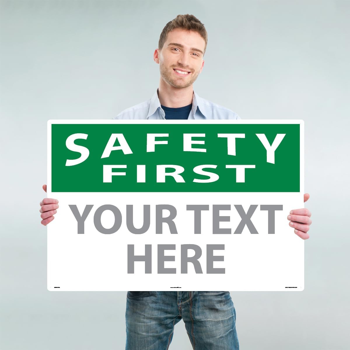 Custom OSHA Style Safety First Sign 24" x 36" Aluminum Sign, Customizable "Your Text Here", by AccuformNMC Made in USA