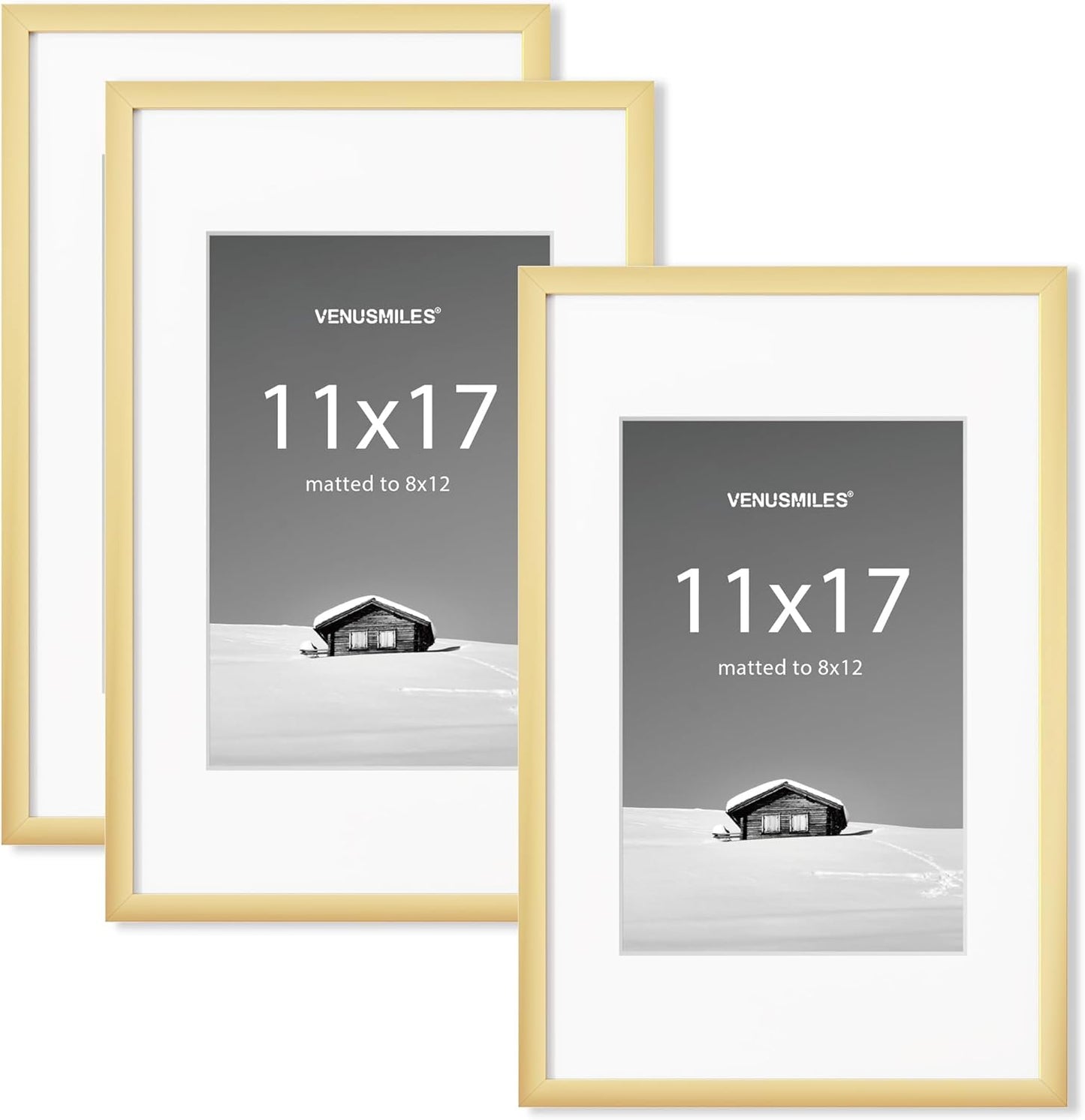 11x17 inch Picture Frame, 11x17 Photo Frames with 8x12 Removable Mat - High Definition Plexiglass - Vertical and Horizontal Display - Wall Hanging Frame - Gold, 3 Pack