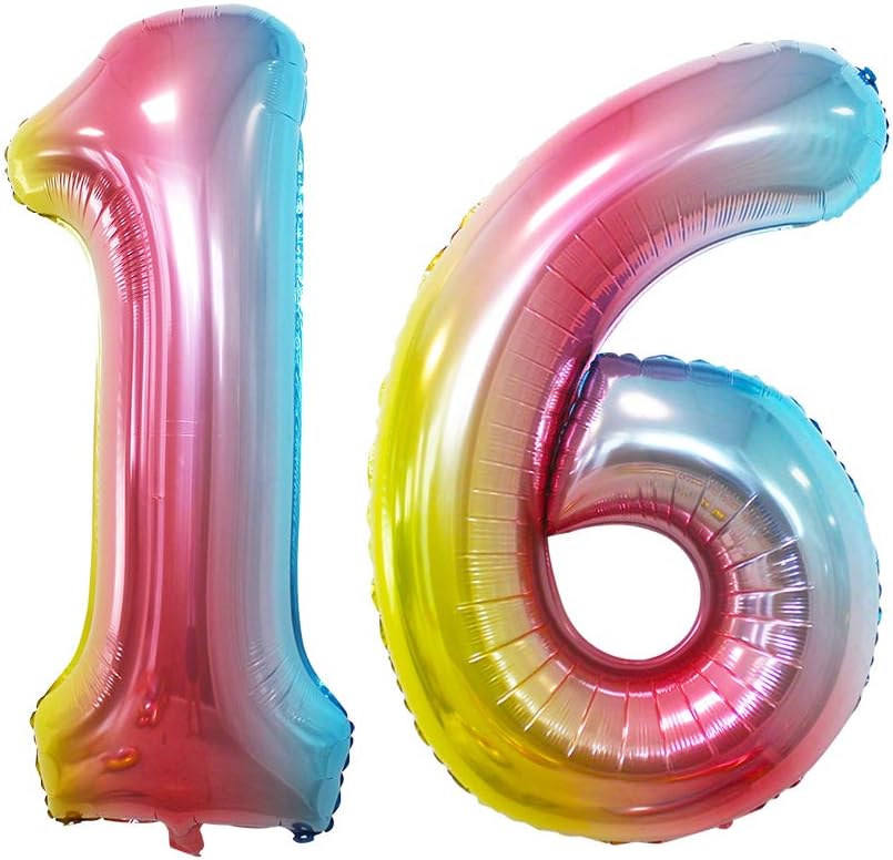 GOER Number 16 Balloons for 16th Birthday Sweet 16 Party Decorations,42 Inch Jumbo Foil Helium 61 Balloons for 61st Birthday Party Decoration (Rainbow)