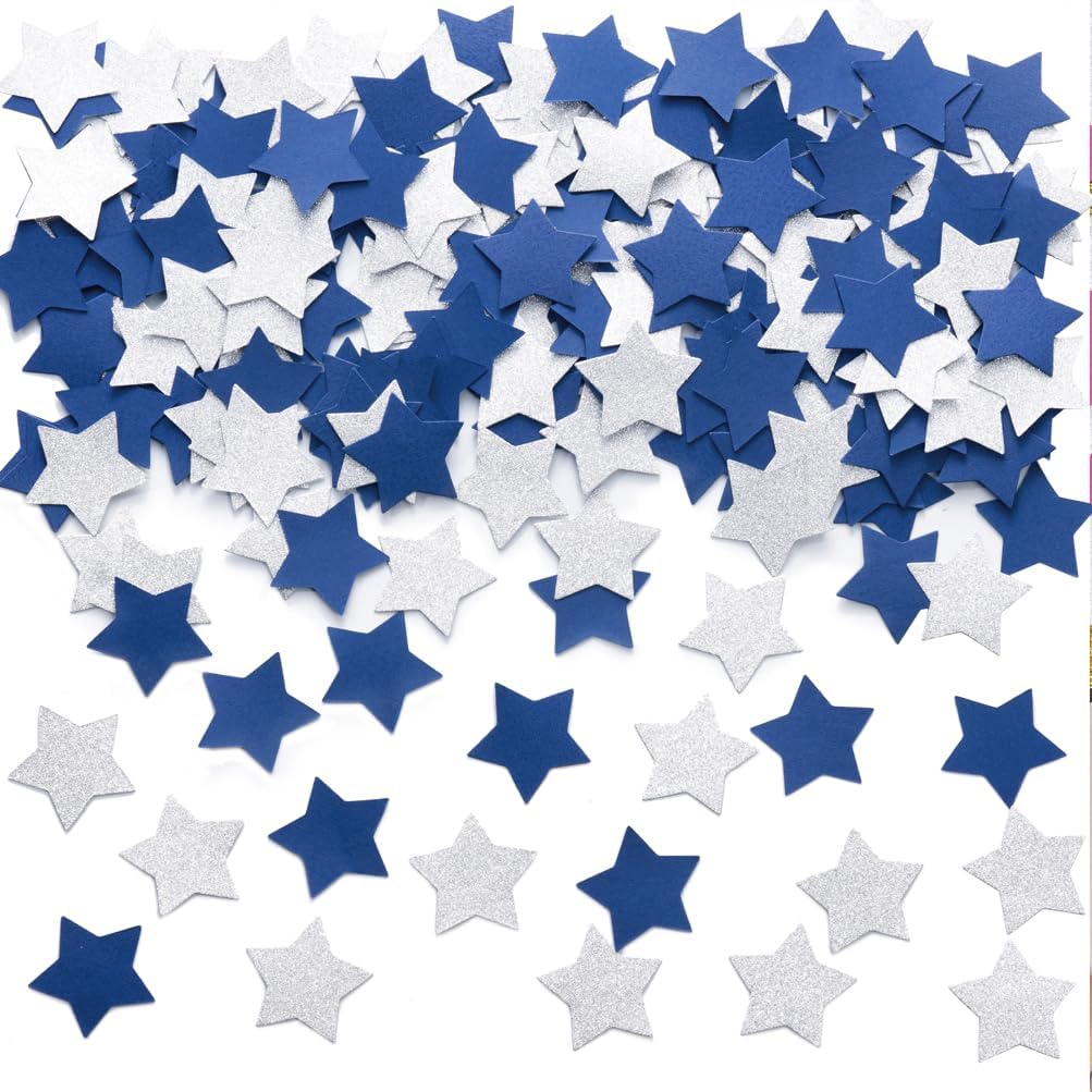 MOWO Blue and Silver Star Confetti Table Decoration for Birthday Graduation Winter Retirement Bachelor Theme Party,1.2 inch in Diameter,200 Counts