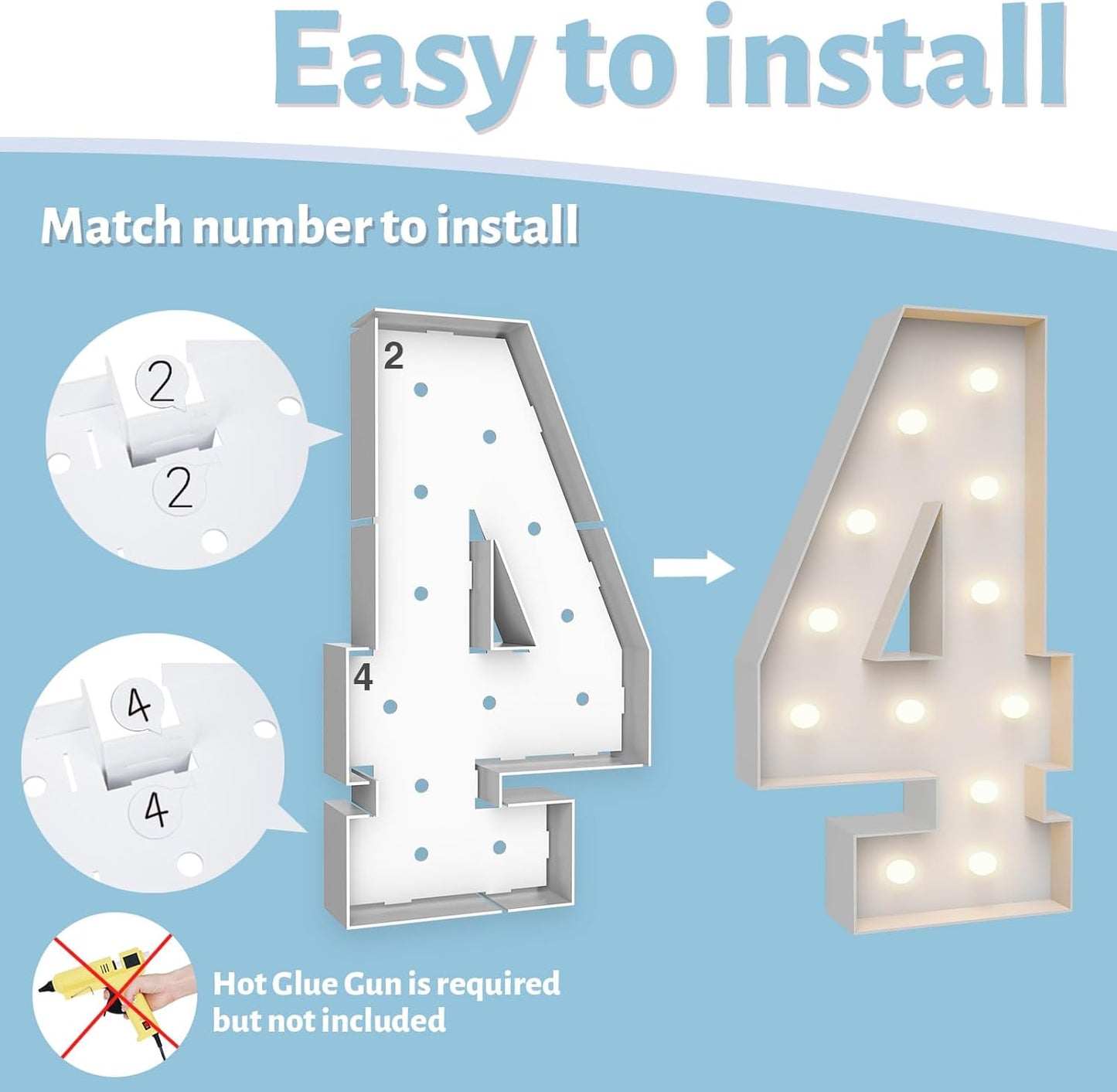 4FT Marquee Light Up Numbers 4,Party Decoration Large Marquee Light Up Letters with Weighted Water Bag,Pre-cut Foam Board Set Can Be Used for Birthdays,Weddings,Baby Anniversaries