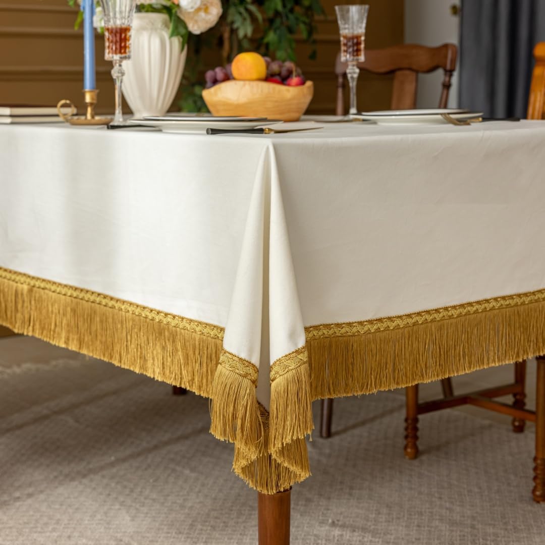 F-CHU White Tablecloth Thickset Velvet Tablecloth with Beautiful Gold Tassels Vintage Table Cloth for Home Decor Wedding, Party, Banquet and Events 67x120-Inch