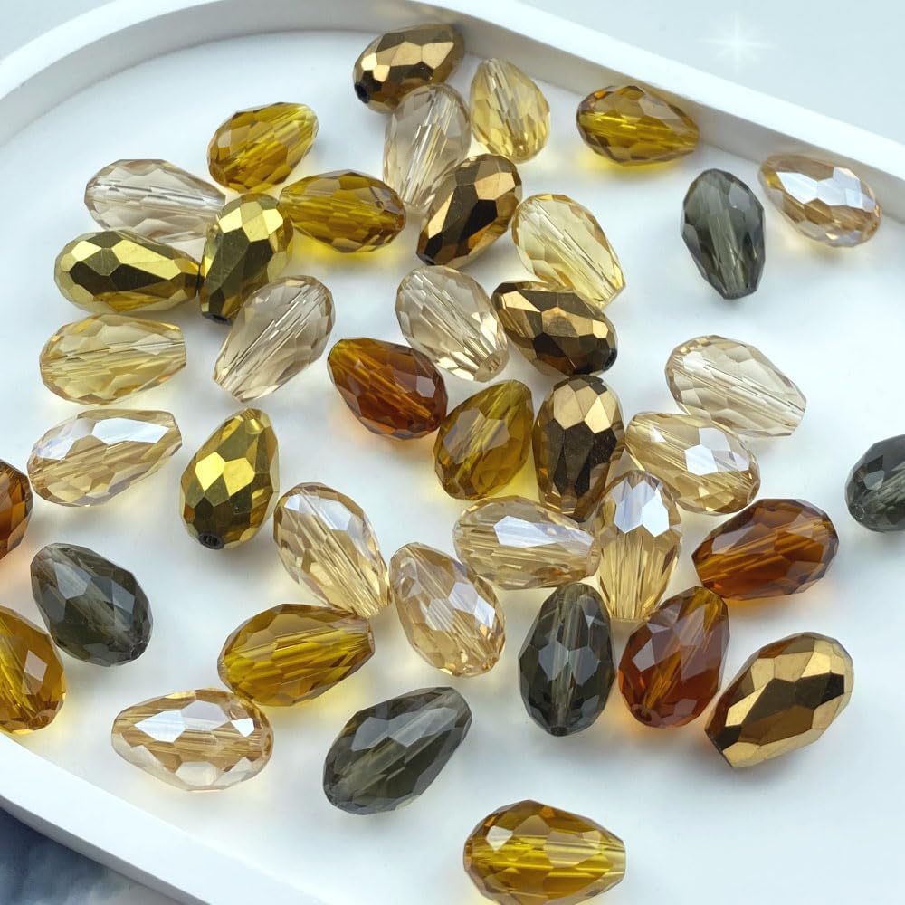 200pcs 3x5mm Teardrop Crystal Glass Beads Vertical Hole Faceted Loose Spacer Beads for DIY Craft Jewelry Making Necklace Bracelet Earring Wind Chimes(Brown Series)