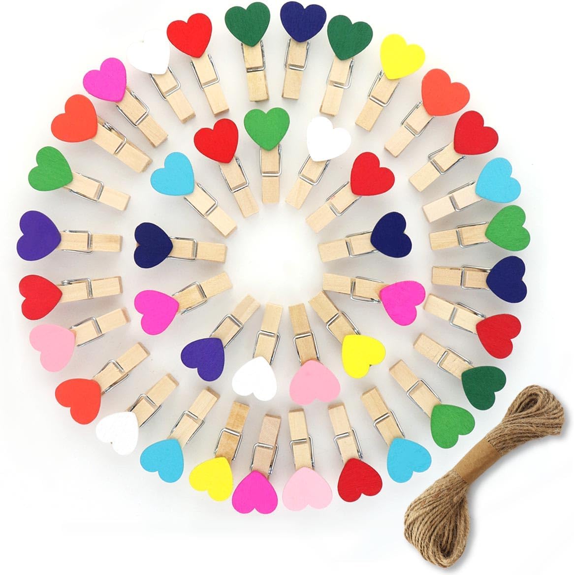 80 Pieces Wooden Heart Clothespins Mini Heart Photo Clips Colorful Small Clothes Pins for Crafts Picture Paper Hanging Natural Wooden Clothespins with Jute Twine for Wedding Party Photos Display