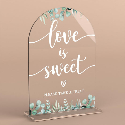 Acrylic Wedding Sign Love is Sweet Signs for Ceremony Modern Calligraphy Arch Acrylic Table Top Signs for Wedding Reception and Event Party Table Decor (Eucalyptus Leaves)
