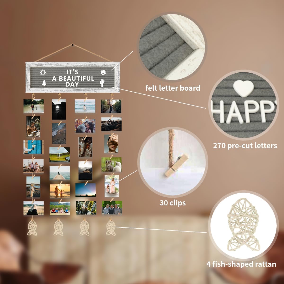 Picture Frames Collage Wall Decor Hanging Photo Display, Birthday Gifts for Mom Grandma Teen Girl, Felt Letter Board with 270 Letters and 30 Clips, Unique DIY Collage Picture Frames for Mothers Day