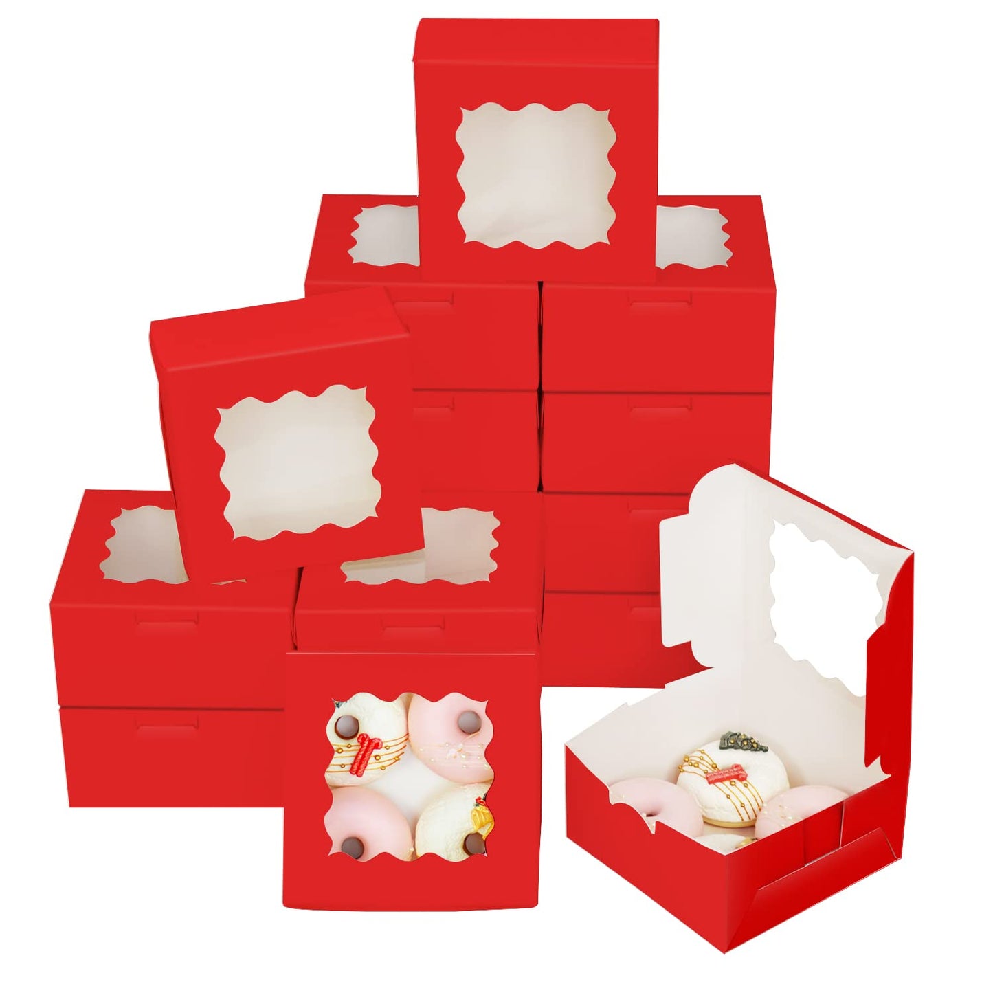 Bakepacker 100pcs Red Cookie Boxes 6x6x3 inches Easy Assemble Macaroon Pastry Boxes Bakery Boxes with Window for Bakery
