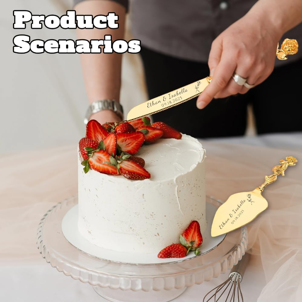Engraved Personalized Gold Wedding Cake Knife and Server Set - Custom Bridal Cake Serving Gift for Anniversary, Engagement, Birthday Gift