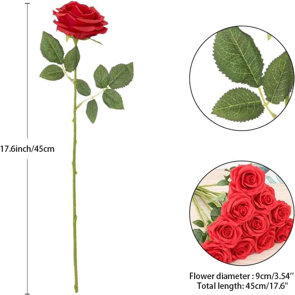 Artificial Rose 10pcs Red Silk Flower Faux Artificial Roses with Long Stems for Wedding Arrangement, Bridal Bouquet, Centerpiece, Fake Faux Silk Flowers