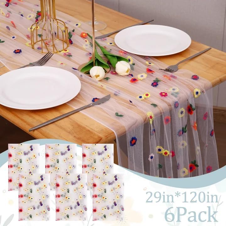 6PCS Lvory Floral Table Runner 10 FT, Embroidery Daisy Table Runners Seasonal Sheer Tulle Table Runner for Thanksgiving Wedding Birthday Baby Shower Party ﻿