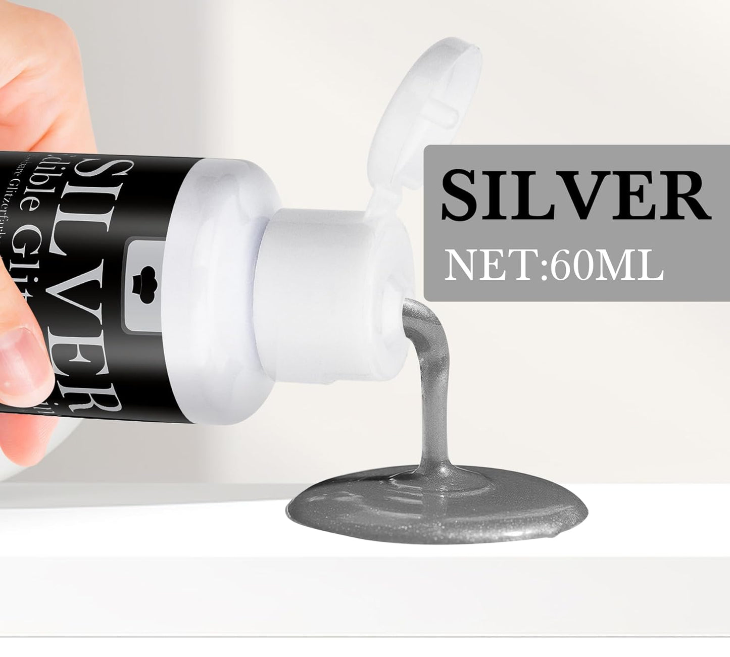 Edible Silver Glitter Paint - 2 fl.oz / 60ml Food Safe Edible Paint for Cake Decorating, Chocolate, Cocktail, Cupcakes - Silver Edibles Glitter Liquid Luster Dust for Halloween Candy, Drinks, Baking