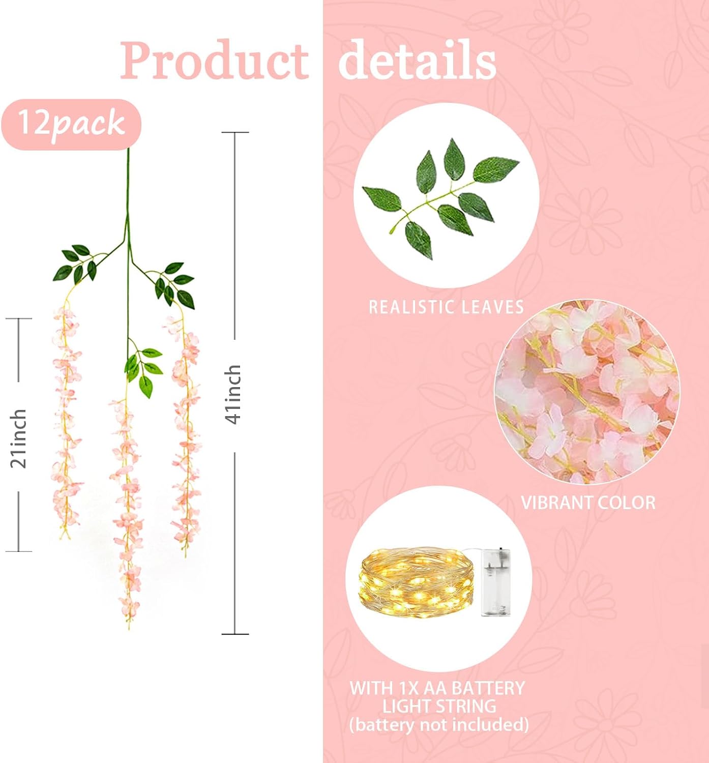 12 Pack Light Pink Wisteria Hanging Flowers Garland with Lights, 3.44 Feet Artificial Flower Vines, Fake Wisteria, Artificial Vines Hanging Garland for Backdrop Outdoor Patio Garden Decor