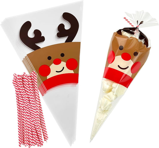 EKAPACKAGING 50Pcs 6x10 Inches Reindeer Print Cone Shaped Treat Bags with Ties, Christmas Clear Cellophane Bags, Party Favor Bags for Popcorn, Cookies, Cotton Candy, Gift, and Pretzel Rod