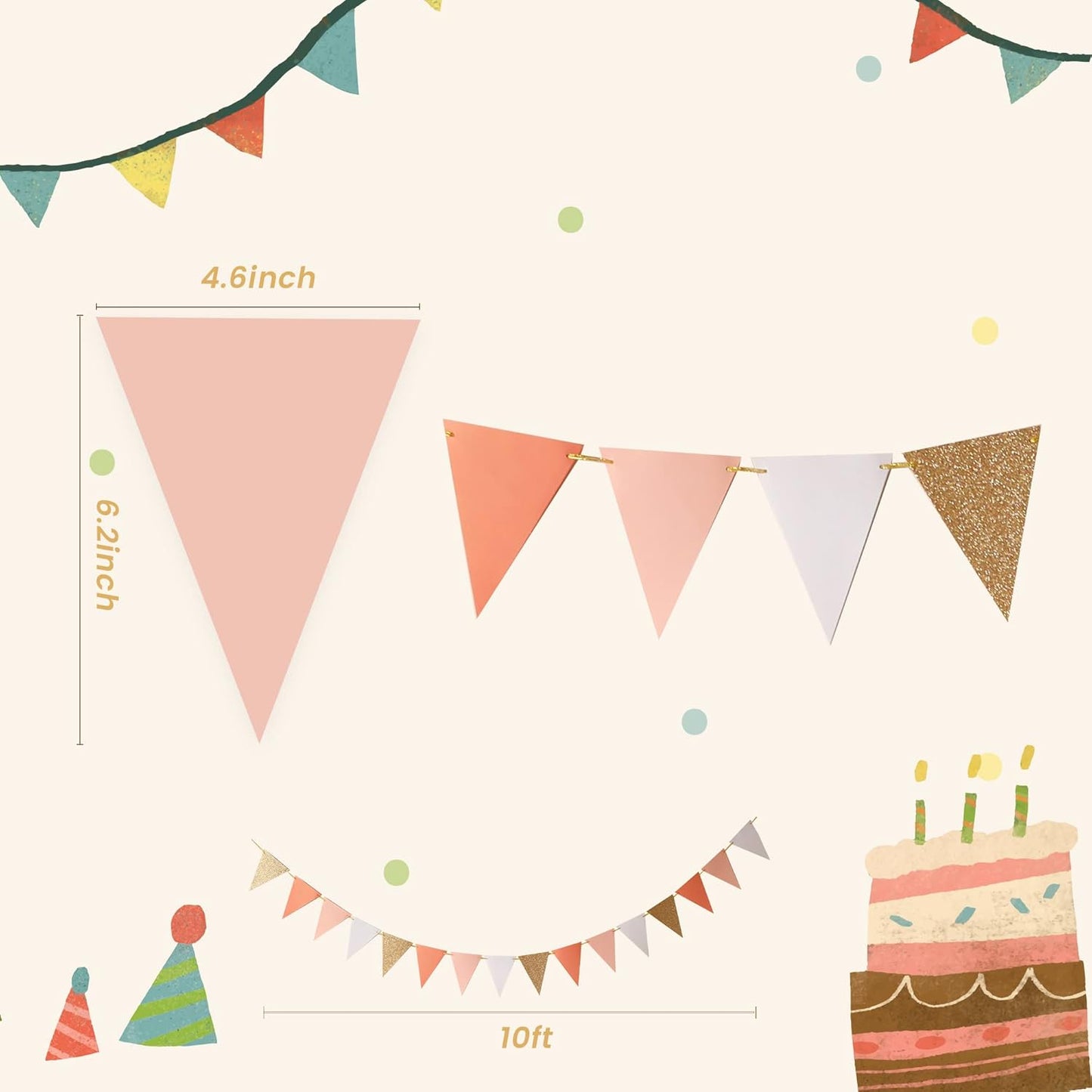 Fonder Mols 10-feet Vintage Flags of Paper Pennant Banner, Triangle Flags Bunting Banner Garland for Boho Wedding, Baby Shower, Girl Room Nursery Decoration (Ivory+Pink+Rose Gold Glitter)