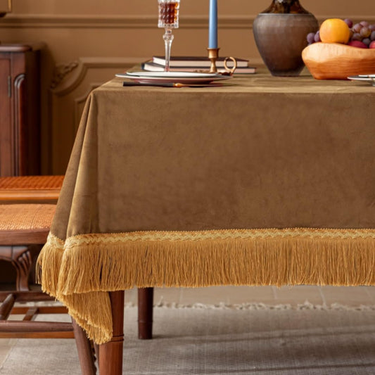 F-CHU Luxury Camel Tablecloth Thickset Velvet Tablecloth with Beautiful Gold Tassels Vintage Table Cloth for Home Decor Wedding, Party, Banquet and Events 60x120-Inch