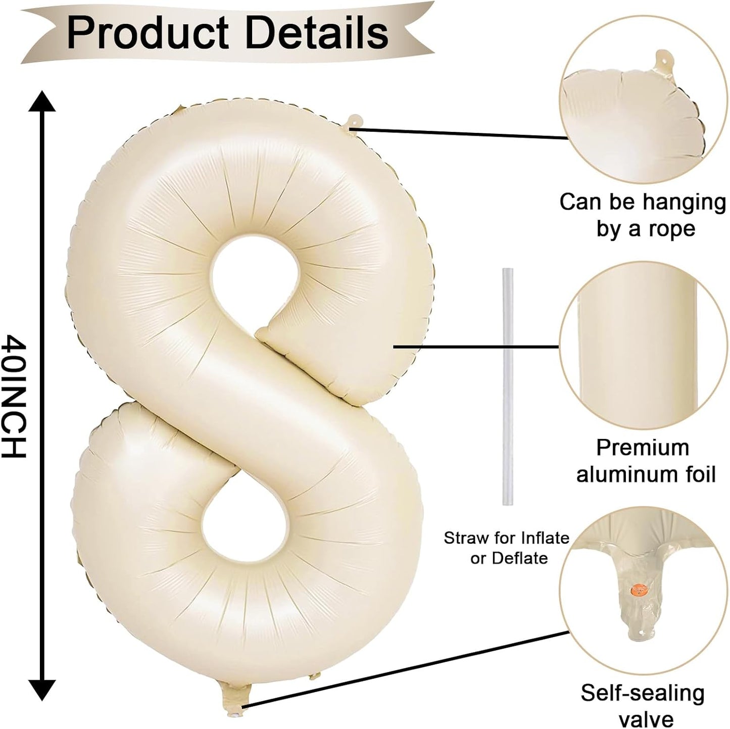 40 Inch Balloon Number 8 Beige, Large Foil Cream Number 8 Balloons Set 0-9 for Men Women, Self Inflating Digital 8 Helium Balloons for Boys Girls Birthday Anniversary Baby Shower Party Decorations