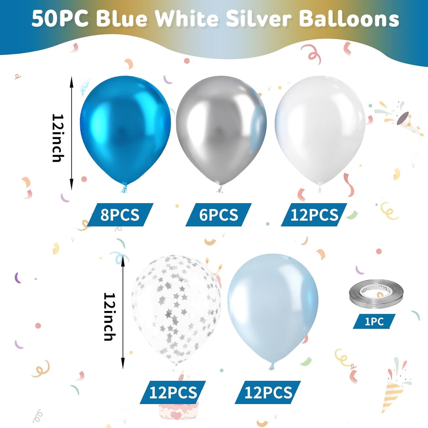 Blue Silver Balloons, Blue Silver White Balloons, Pearl Light Blue White Balloon, Silver Star Confetti Balloon for Boys Mans Birthday Baby Shower Party Wedding Graduation Bachelorette Decorations