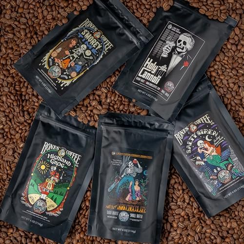 Bones Coffee Company Favorite Flavors Sample Pack Box Set with Specialty Coffee Mug, 5 Assorted Single-Origin Low Acid Medium Roast Arabica Beans Flavored Coffee Gifts, 4 oz Pack of 5 Ground
