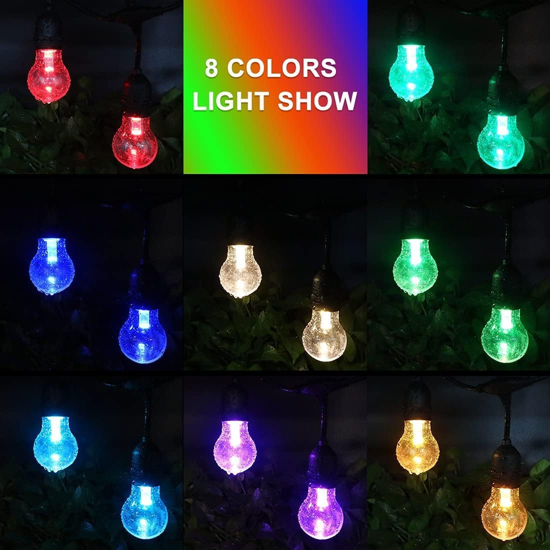 35FT Outdoor String Lights, 16 Shatterproof Edison Bulbs, Dimmable RGB Color Changing Patio Lights with Remote. Solar-Powered & Waterproof for Garden Commercial LED Decorative Lighting.