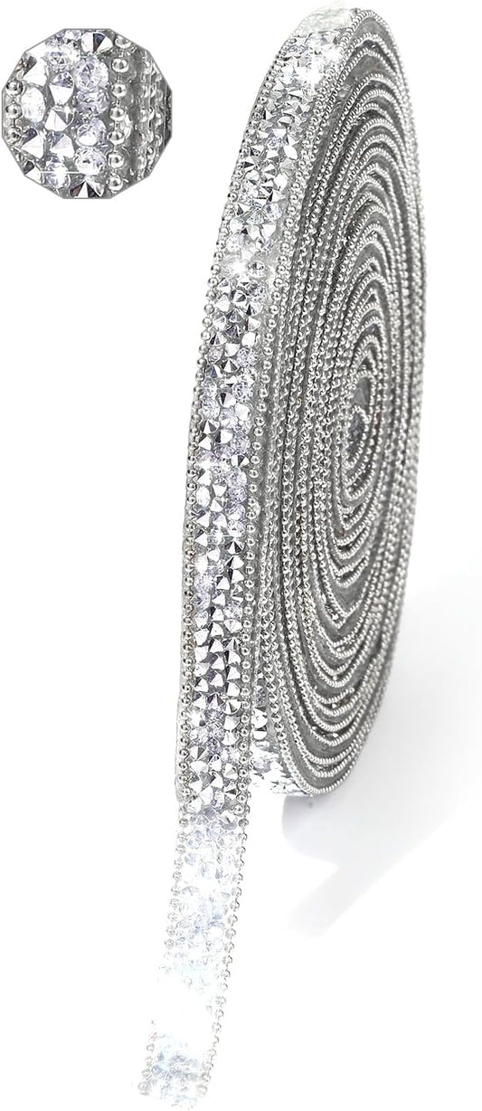 Rhinestone Ribbon 6 Yards Self Adhesive Rhinestone Strips Diamond Ribbon Sticker Crystal Roll Glitter Bling Rhinestones Tape for Crafting DIY Art Decoration (Silver,0.4 Inch)
