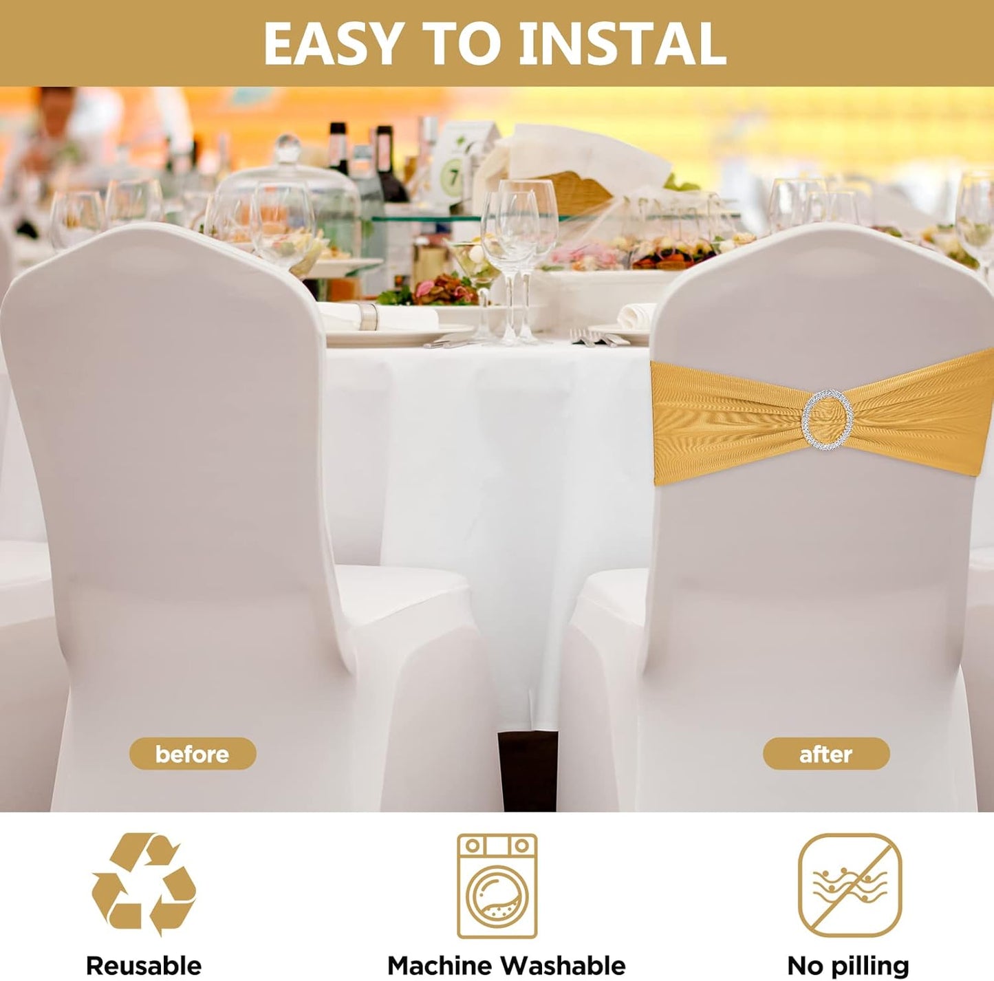 CHENGU 150 Pieces Spandex Stretch Chair Sashes Bows Elastic Chair Cover Bands Ties with Buckle Slider for Wedding Party Reception Events Universal Ceremony Banquet Decorations(Gold)