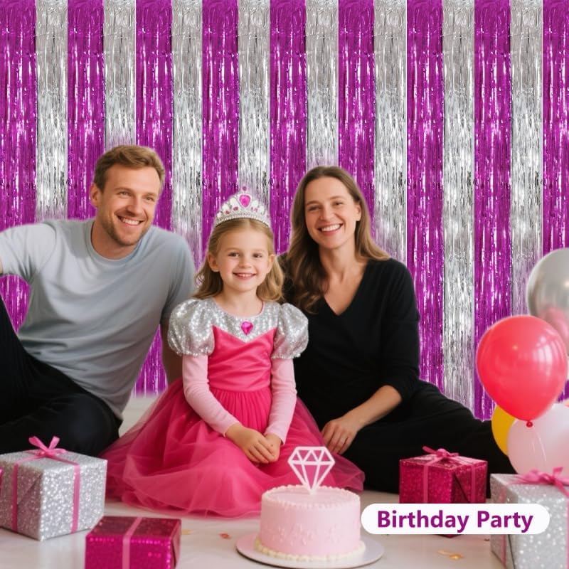 BEISHIDA Hot Pink Silver Door Streamers Backdrop Foil Fringe Tinsel Party Streamers Curtains Photo Backdrop - 2Pcs for Birthday Graduation Bachelorette Party Decoations