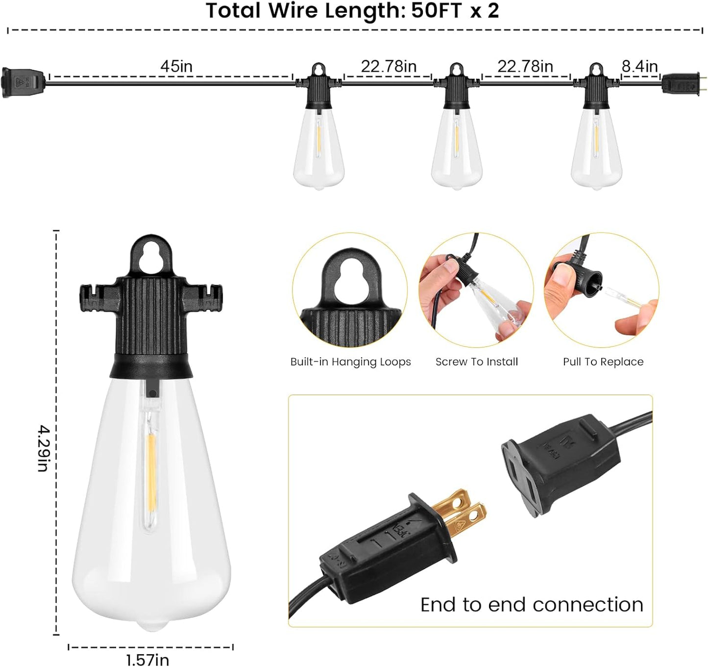 100FT Outdoor String Lights, LED Patio Lights with 50+3 ST38 Vintage Edison Shatterproof Bulbs, IP65 Weatherproof Outside Hanging Lights for Backyard Bistro Cafe Garden(50FTx2)