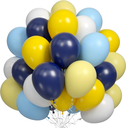 Blue Yellow Balloons Set, 60PCS Navy Blue Matte Yellow White Party Balloons, Pastel Blues Yellows and White Latex Helium Balloon for Boys Birthday Baby Shower Graduation Truck Office Party Decorations