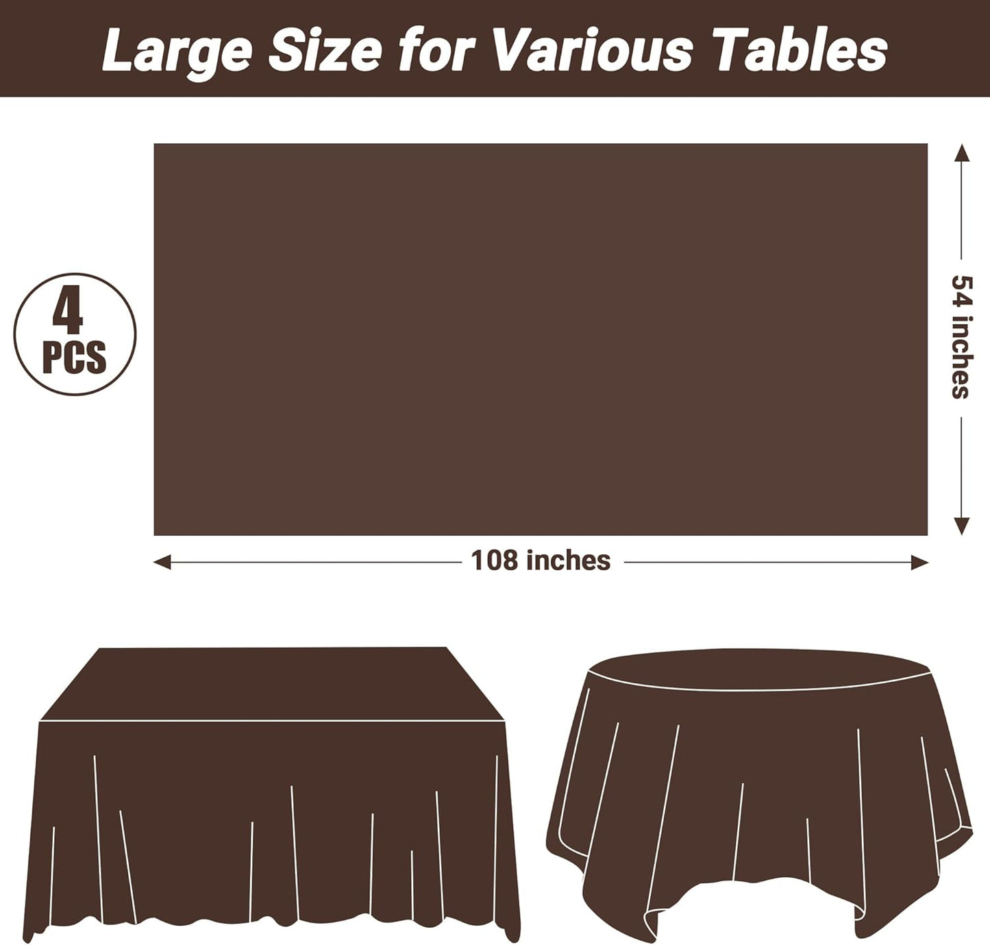 QZYL 4 PCS Plastic Table Cover, 54x108 Inches Waterproof Table Cover, Multiple Colors Brown Rectangle Tablecloth, Disposable Table Cloth for Camping, Anniversary, Picnic and Party Decorations