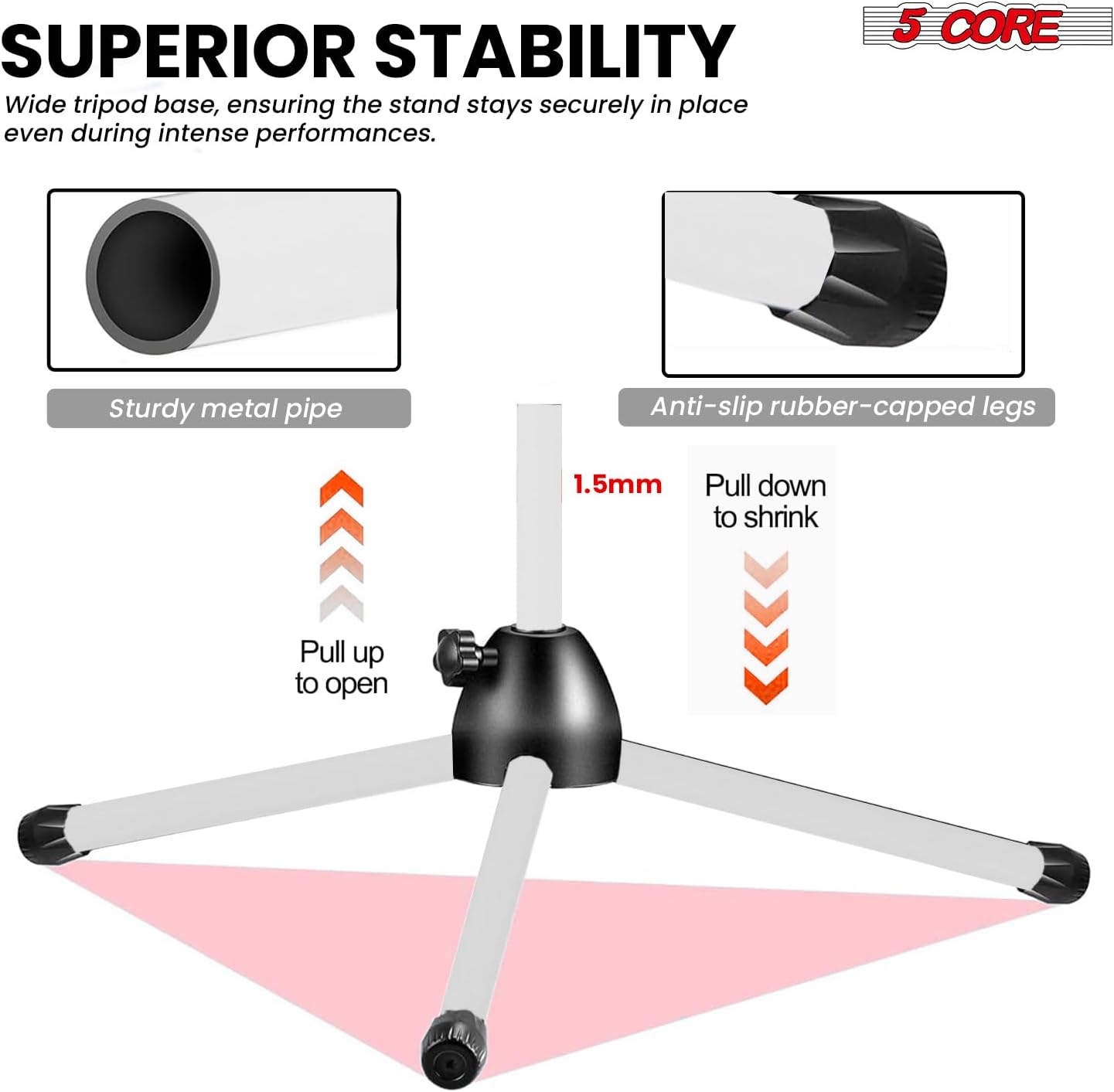 5 Core Tripod Mic Stand Floor Adjustable 18 to 72 Inches Sturdy Boom Arm Holder Microphone Stands Pedestal Para Microfono for Singing - MS 080 WH