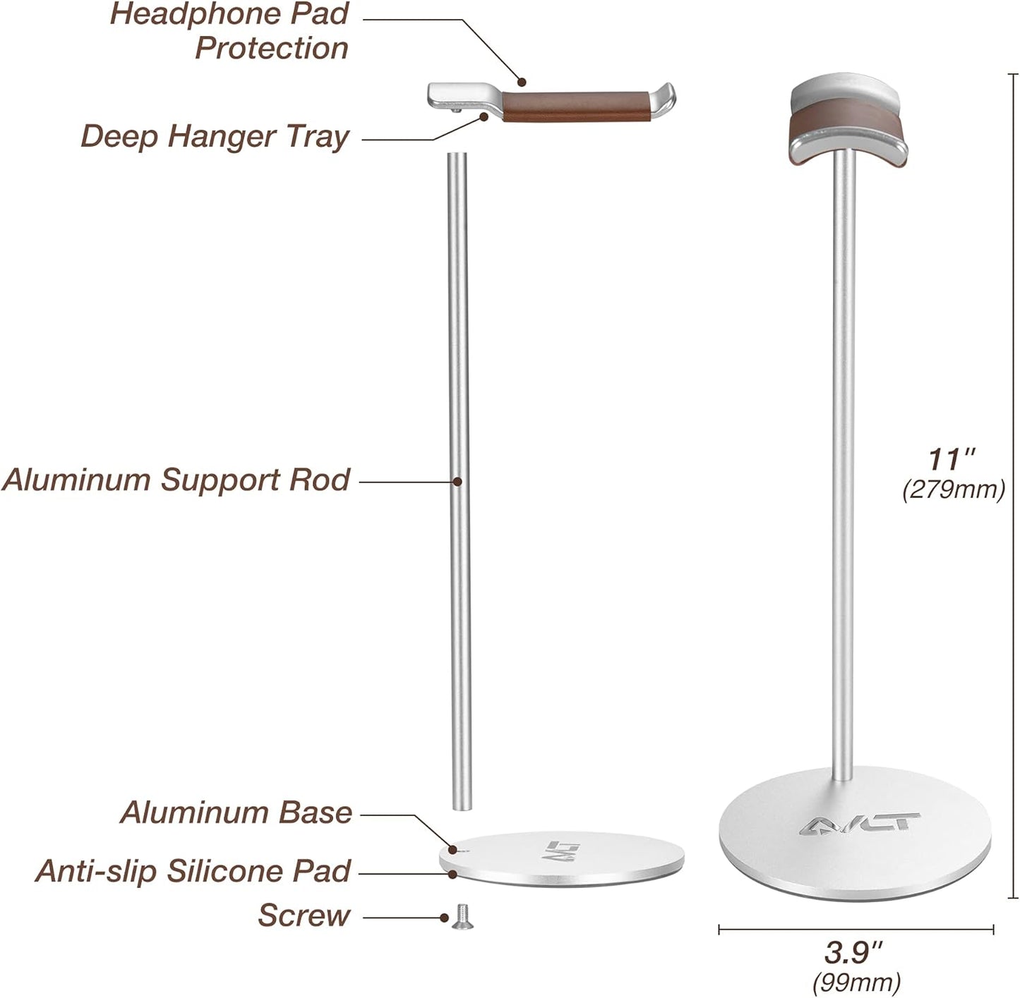 AVLT Universal Slim Aluminum Alloy Desktop Headphone Stand Anti-Slip Headset Display Organizer Hanger Rack Holder - Brown