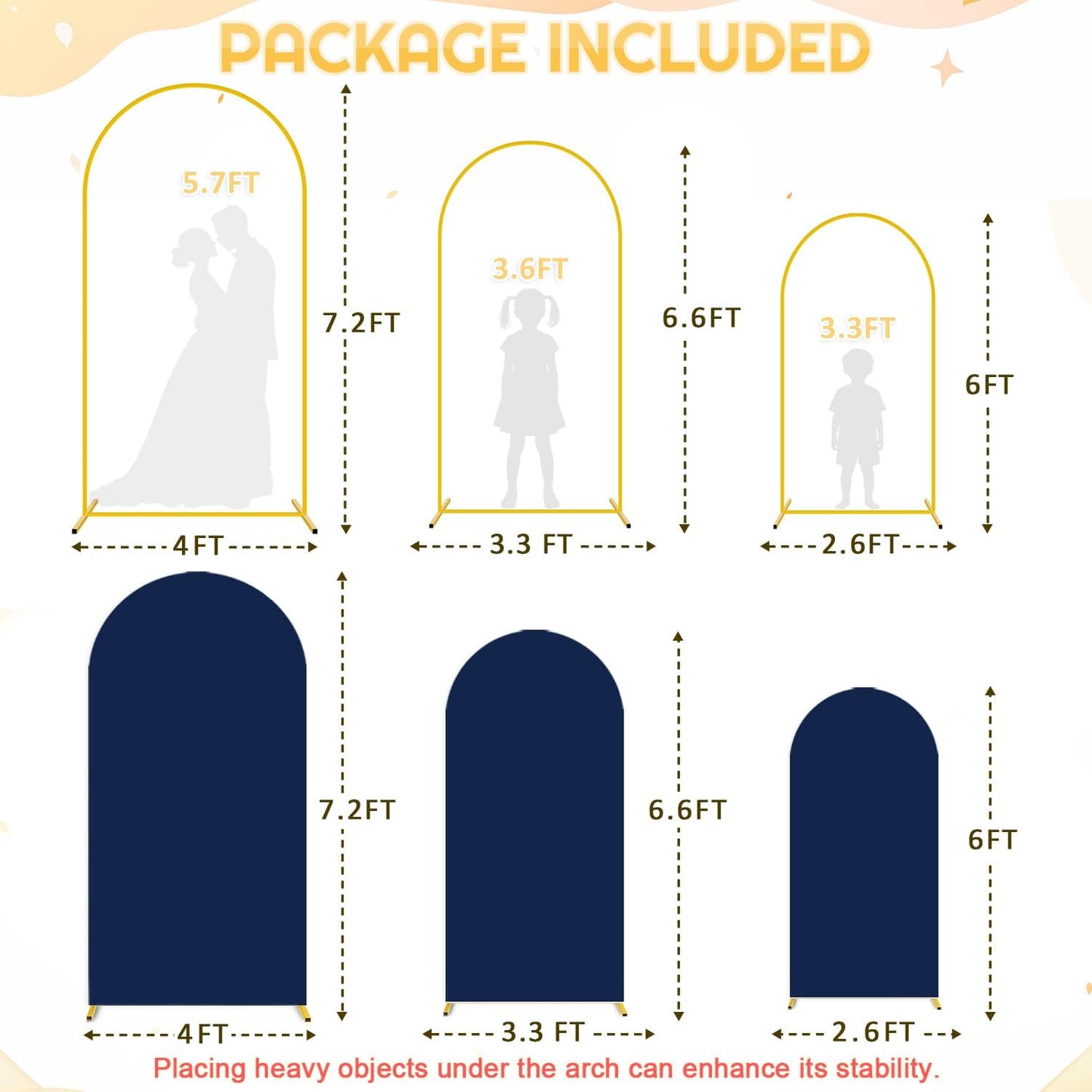 Party Arch Backdrop Stand and Cover Set of 3 (7.2FT, 6.6FT, 6FT) Metal Arch Stands with Navy Blue Arch Covers Stretchy Backdrops Wedding Arch Backdrop Stands Cover for Birthday Banquet Ceremony Decor