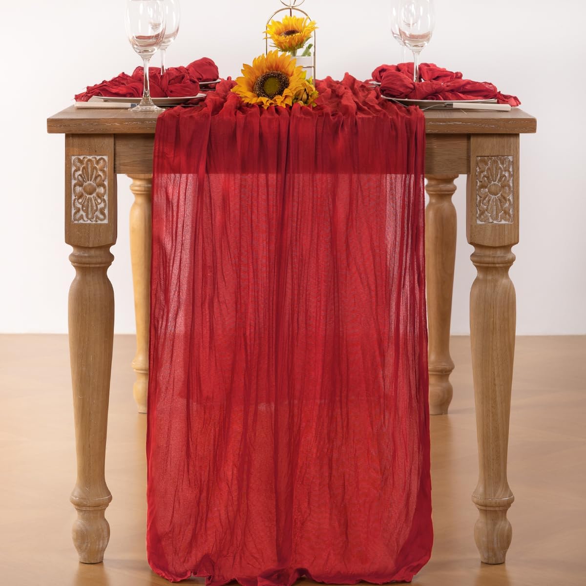 Red Cheesecloth Table Runner Fall Table Runner Boho Gauze 120 Inches Red Cheese Cloth Fall Table Decorations for Thanksgiving Weddings Bridal Baby Shower Candlelight Dinner Party