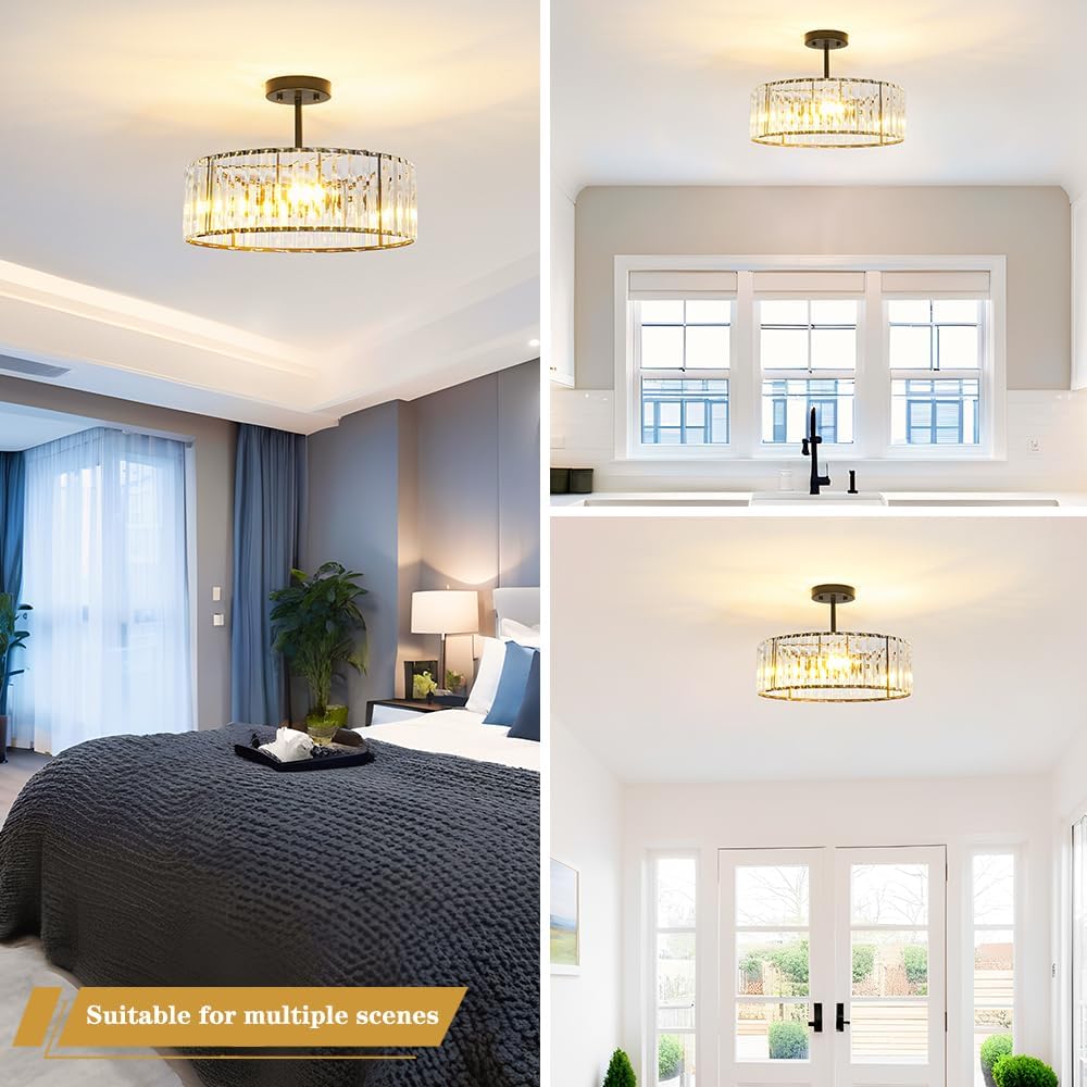 Modern Crystal Ceiling Light Fixture, Semi Flush Mount Ceiling Light, Matte Black Hallway Lighting Fixtures Chandelier, Crystal Chandelier for Kitchen Bedroom Dining Room Closet, 5-Light, 16 Inch